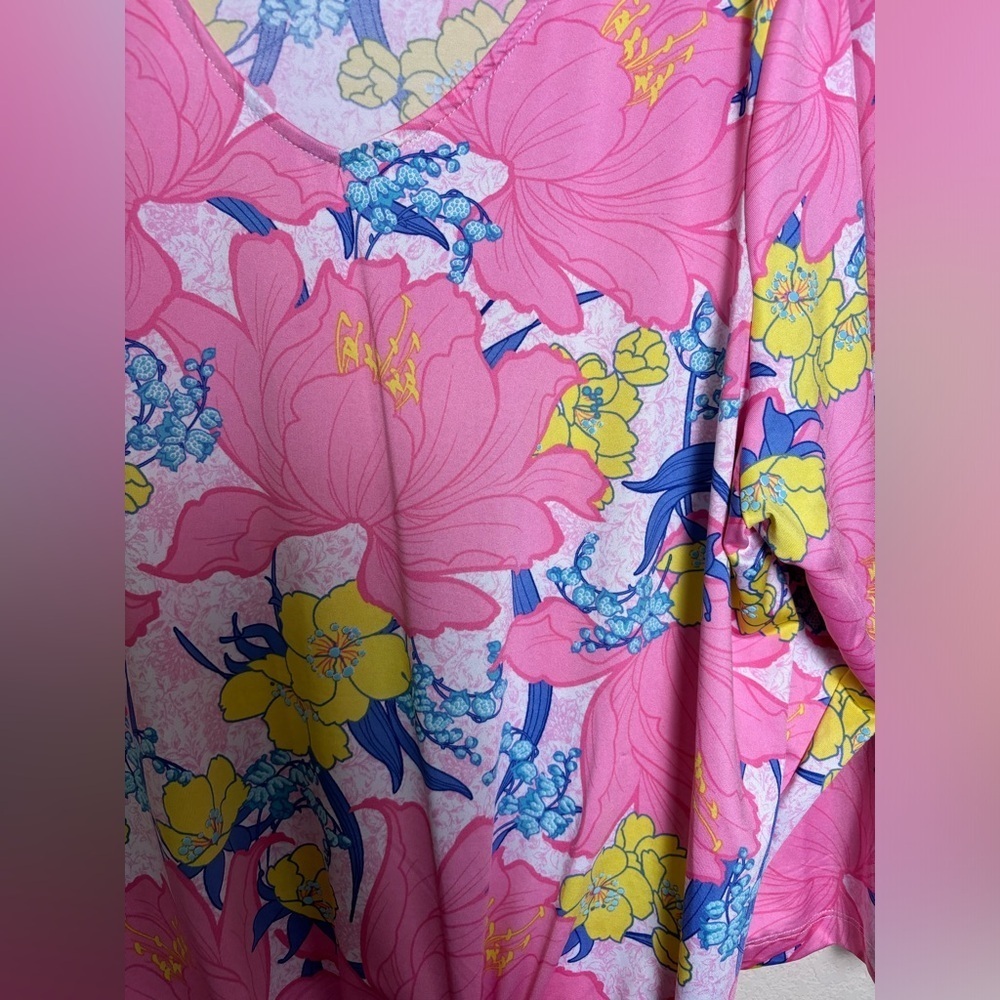 Ruby Rd Pink & White Tropical Flora Puff Print Knot Front 3/4 Sleeve Knit Top 2X - Picture 5 of 9
